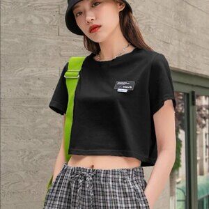 DAZY Shein Black Letter Patched Embroidery Cropped Top Tshirt Women’s size S (0)